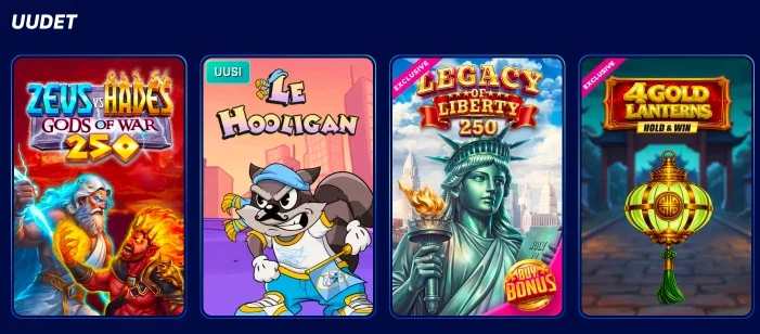 Nové online výherní automaty v řadě pod sekcí Uudet, včetně her Zeus vs Hades Gods of War, Le Hooligan, Legacy of Liberty a 4 Gold Lanterns Hold and Win